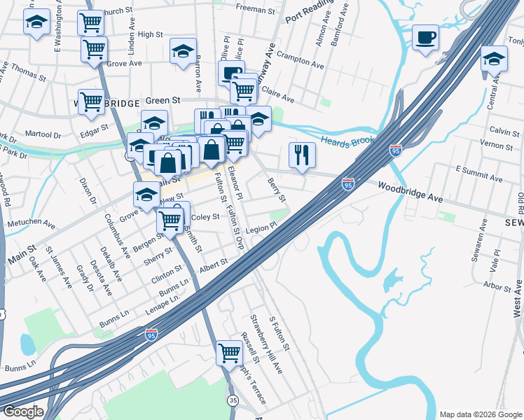 map of restaurants, bars, coffee shops, grocery stores, and more near 14 Lillian Terrace in Woodbridge Township
