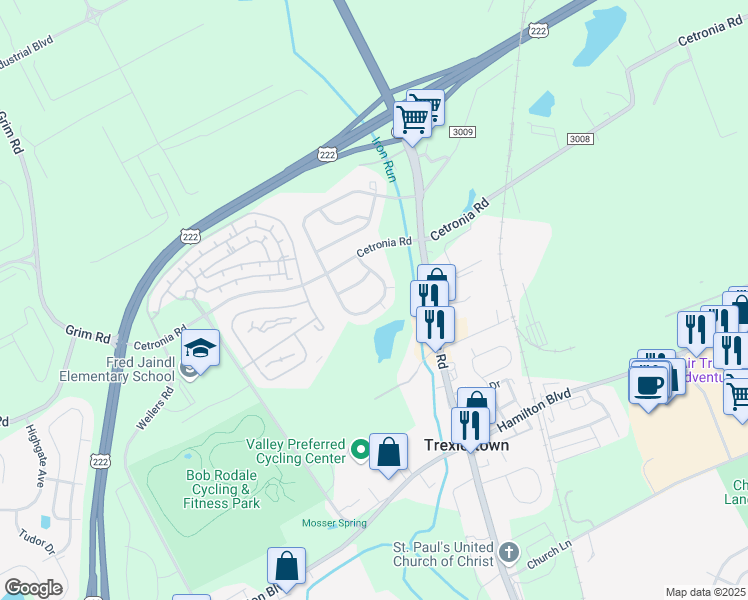 map of restaurants, bars, coffee shops, grocery stores, and more near 1073 Sparrow Way in Breinigsville