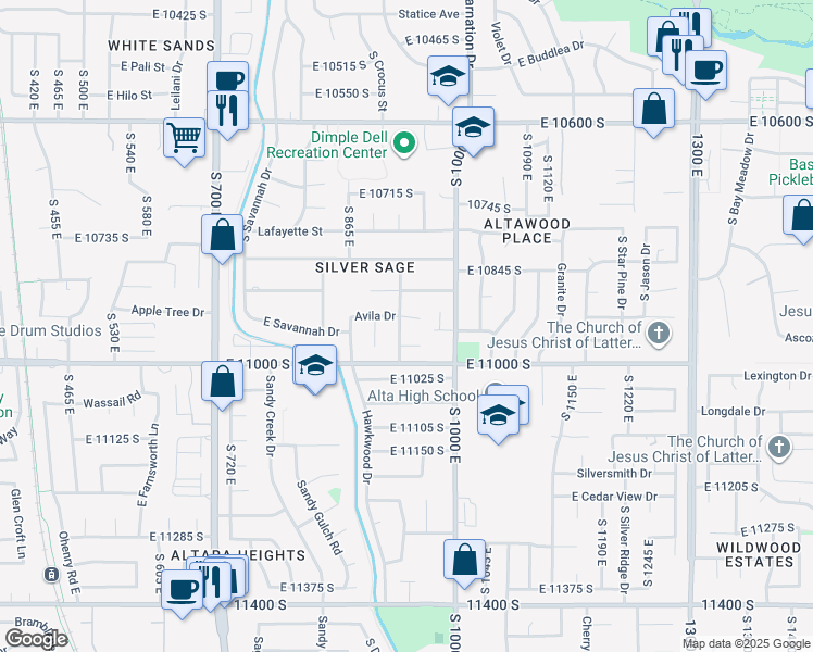 map of restaurants, bars, coffee shops, grocery stores, and more near 940 Avila Court in Sandy