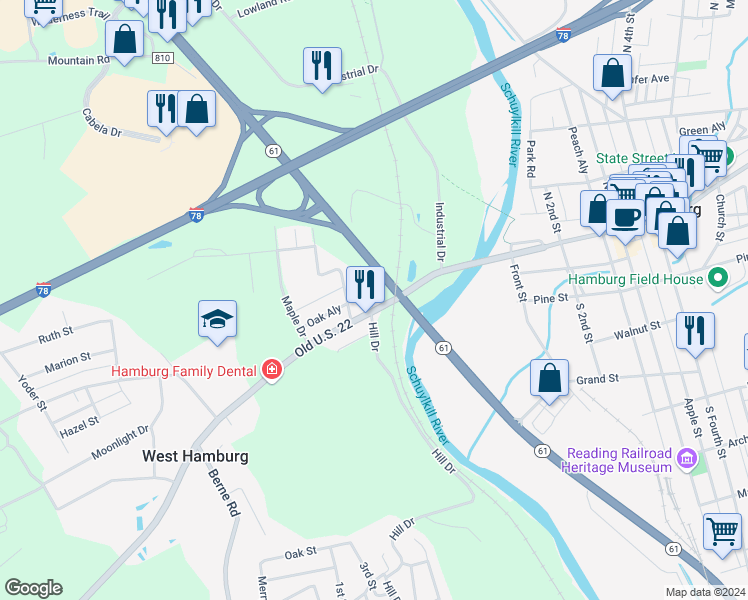 map of restaurants, bars, coffee shops, grocery stores, and more near 250 W State St in Hamburg