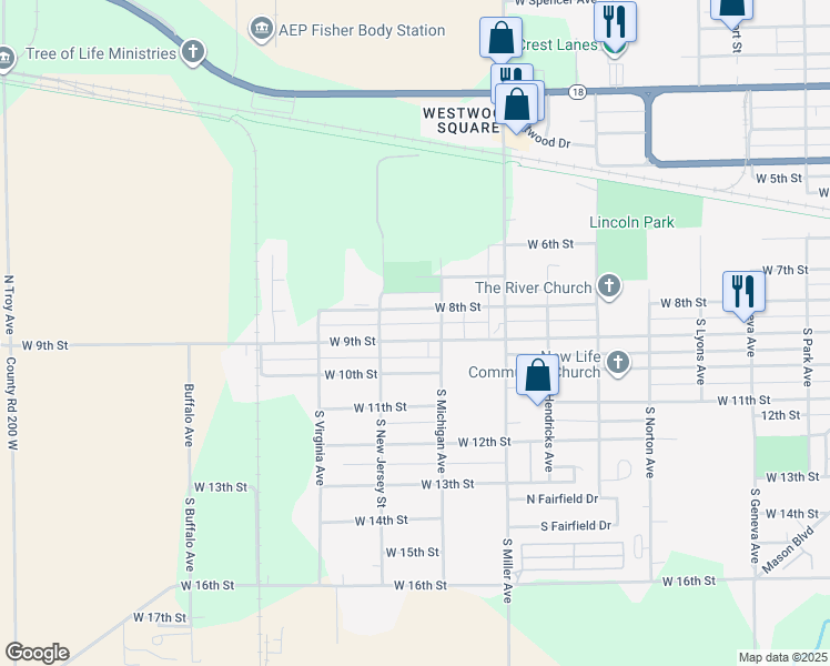 map of restaurants, bars, coffee shops, grocery stores, and more near 2320 West 9th Street in Marion