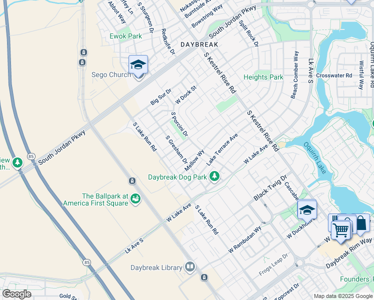 map of restaurants, bars, coffee shops, grocery stores, and more near 10947 South Gresham Drive in South Jordan