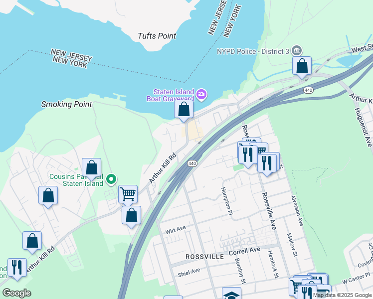map of restaurants, bars, coffee shops, grocery stores, and more near 351 Veterans Road West in Staten Island
