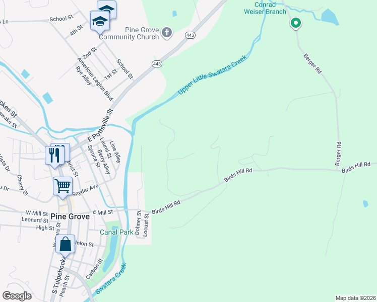 map of restaurants, bars, coffee shops, grocery stores, and more near 62 High Time Lane in Pine Grove