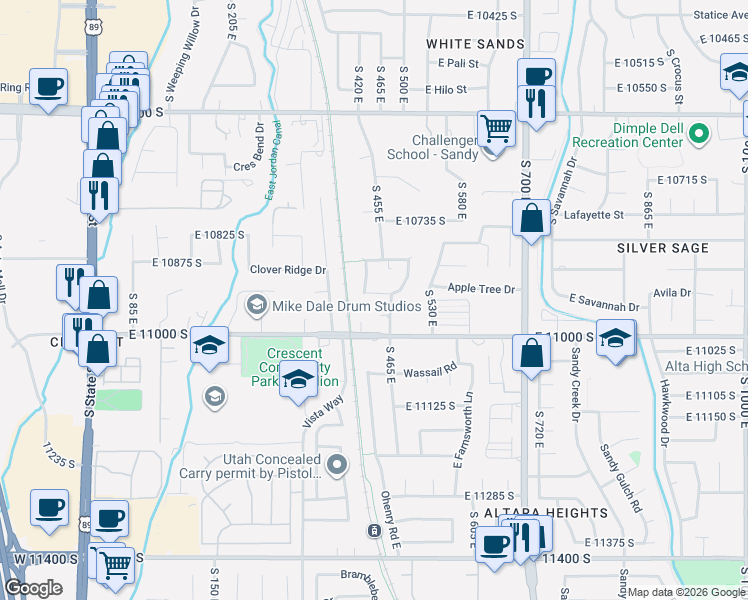 map of restaurants, bars, coffee shops, grocery stores, and more near 432 Bowden Street in Sandy