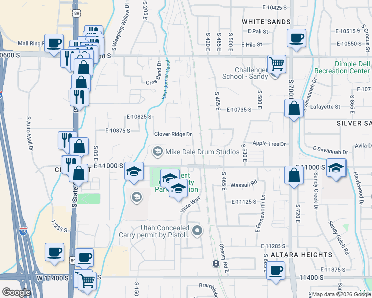 map of restaurants, bars, coffee shops, grocery stores, and more near 10961 East Sophie Lane in Sandy