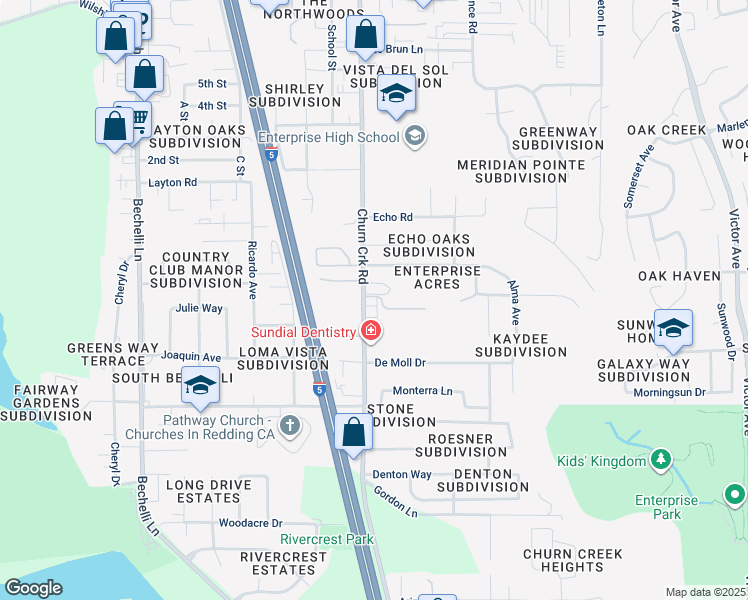 map of restaurants, bars, coffee shops, grocery stores, and more near 1020 Michael Lane in Redding