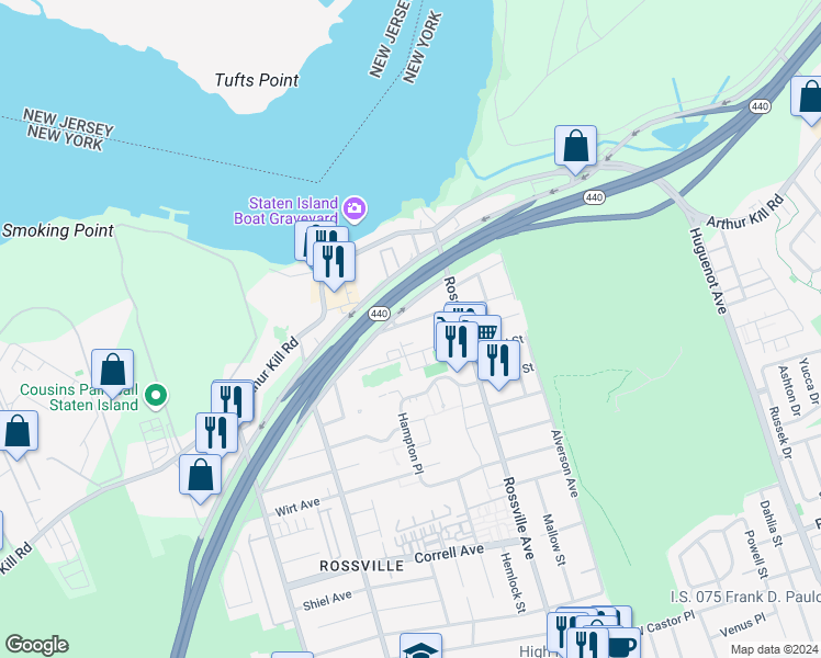 map of restaurants, bars, coffee shops, grocery stores, and more near 51 Barry Street in Staten Island