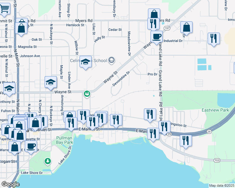 map of restaurants, bars, coffee shops, grocery stores, and more near 228 North Enterprise Street in Celina