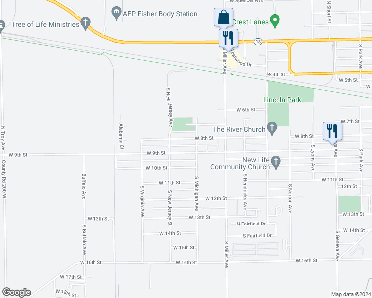 map of restaurants, bars, coffee shops, grocery stores, and more near 2320 West 9th Street in Marion