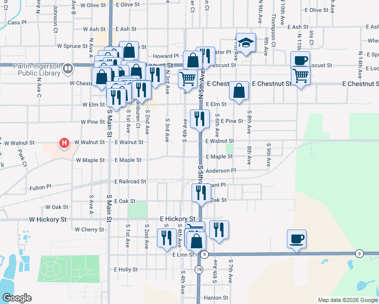 map of restaurants, bars, coffee shops, grocery stores, and more near 253 South 4th Avenue in Canton