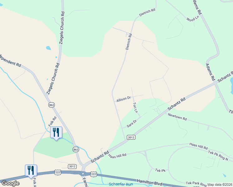 map of restaurants, bars, coffee shops, grocery stores, and more near 10108 Dietrich Rd in Breinigsville