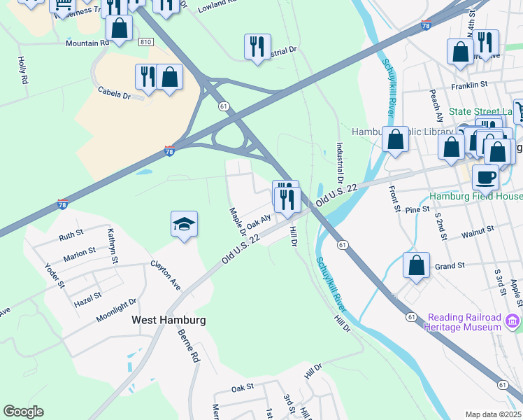 map of restaurants, bars, coffee shops, grocery stores, and more near 61 Diamond Drive in Hamburg