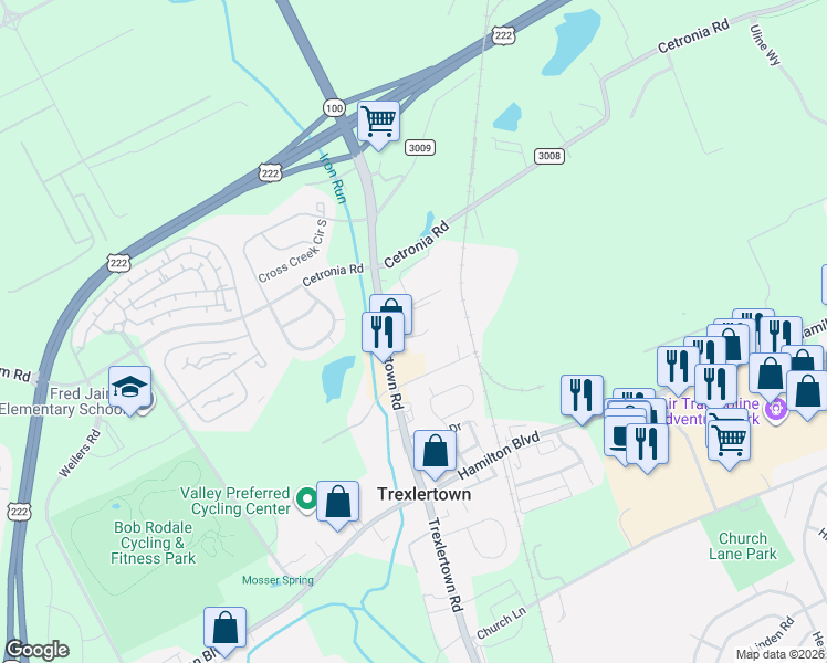 map of restaurants, bars, coffee shops, grocery stores, and more near 1039 Trexlertown Road in Trexlertown