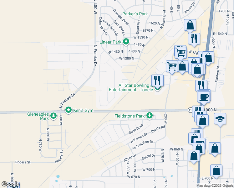 map of restaurants, bars, coffee shops, grocery stores, and more near 1118 North 300 West in Tooele