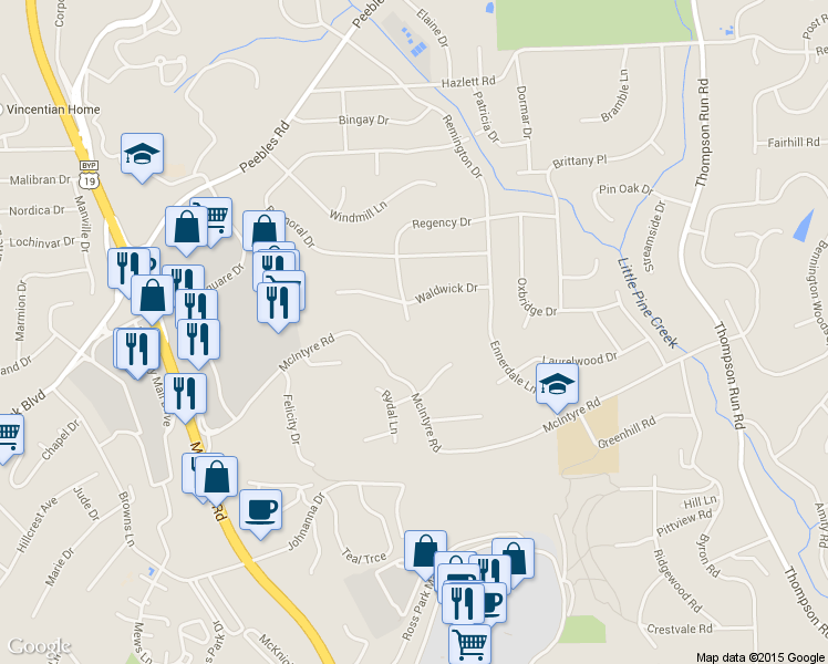 map of restaurants, bars, coffee shops, grocery stores, and more near 1158 Regency Dr in Pittsburgh