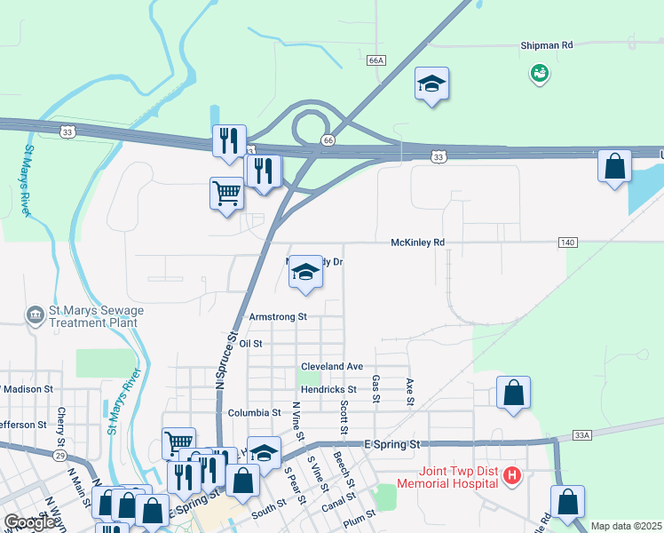 map of restaurants, bars, coffee shops, grocery stores, and more near 517 Normandy Drive in Saint Marys