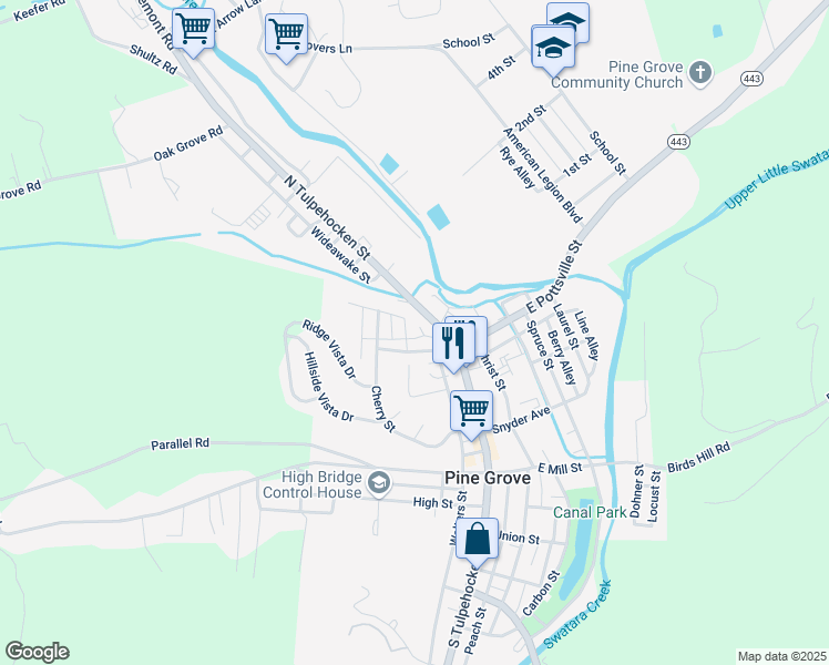 map of restaurants, bars, coffee shops, grocery stores, and more near 10 Fairview Street in Pine Grove
