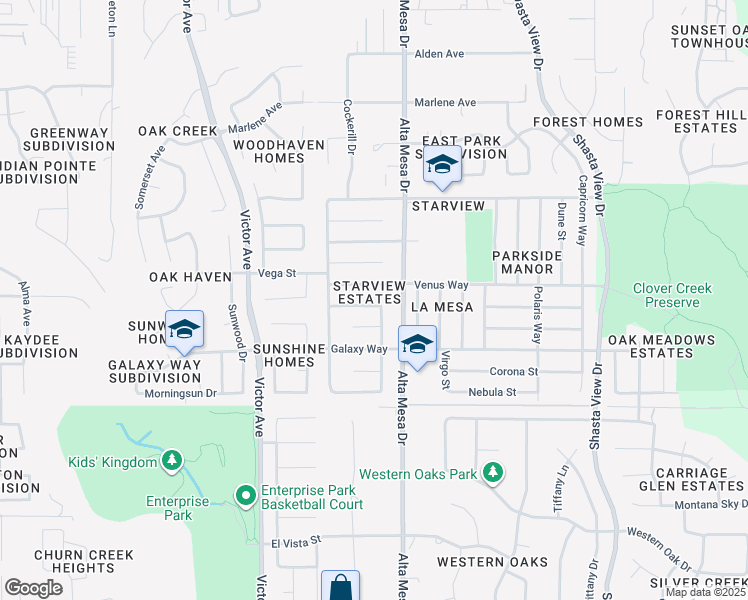 map of restaurants, bars, coffee shops, grocery stores, and more near 3801 Meteor Street in Redding