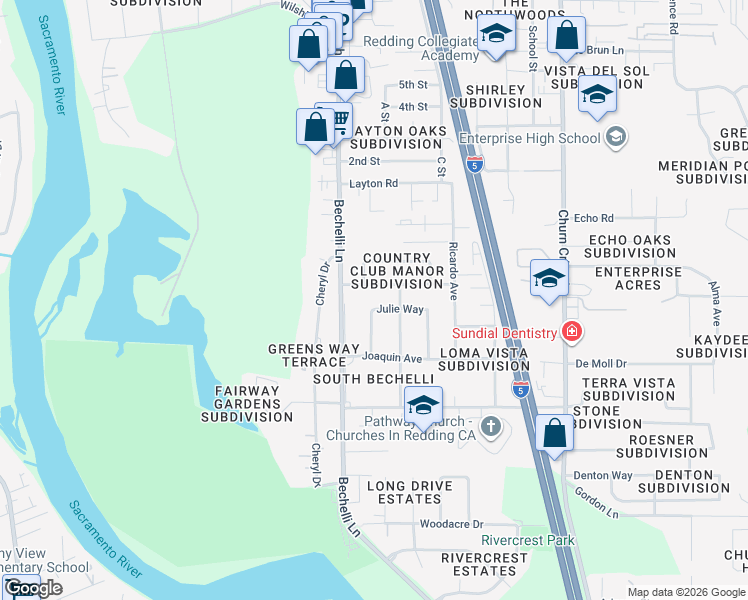 map of restaurants, bars, coffee shops, grocery stores, and more near 554 Julie Way in Redding