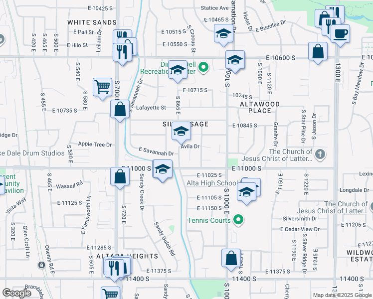 map of restaurants, bars, coffee shops, grocery stores, and more near 10932 Segovia Circle in Sandy