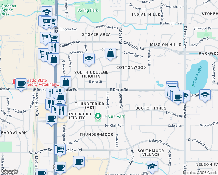 map of restaurants, bars, coffee shops, grocery stores, and more near in Fort Collins