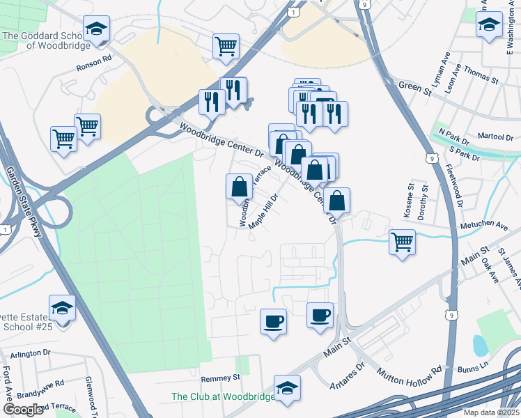 map of restaurants, bars, coffee shops, grocery stores, and more near 91 Woodbridge Terrace in Woodbridge Township