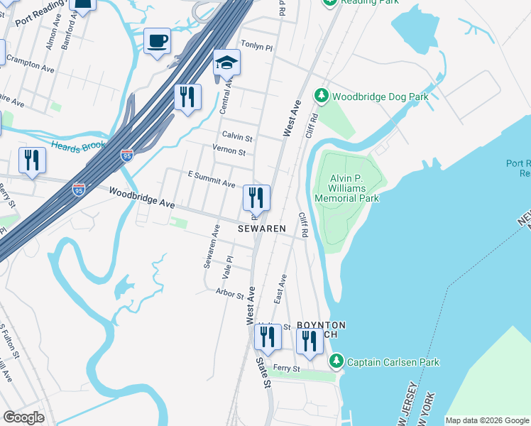 map of restaurants, bars, coffee shops, grocery stores, and more near 520 West Avenue in Woodbridge Township