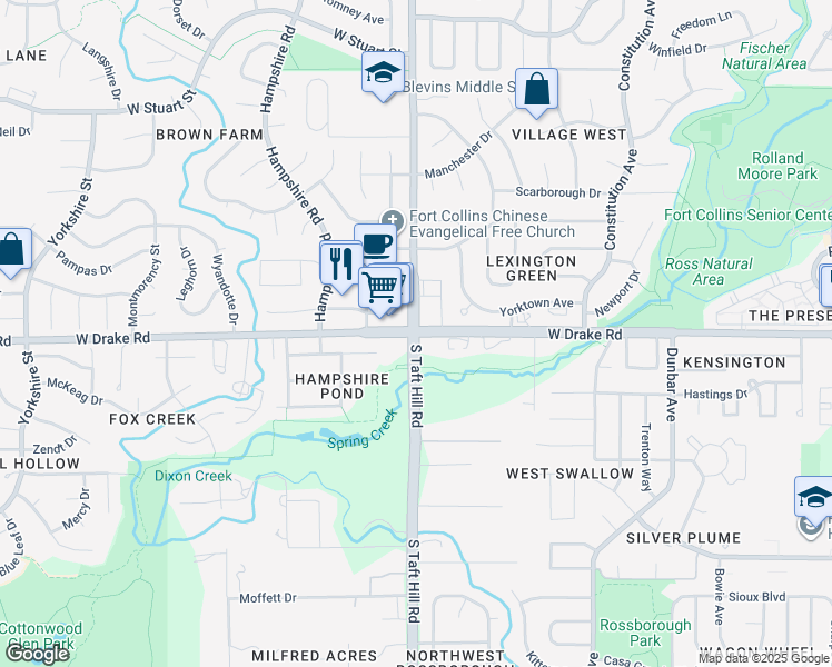 map of restaurants, bars, coffee shops, grocery stores, and more near S Taft Hill Rd & W Drake Rd in Fort Collins