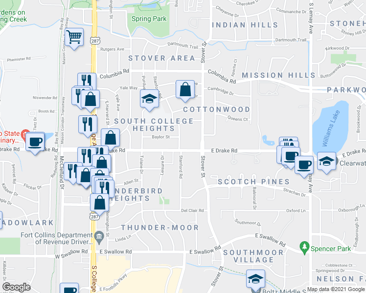 map of restaurants, bars, coffee shops, grocery stores, and more near in Fort Collins