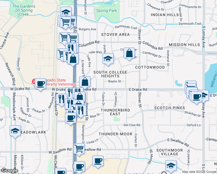 map of restaurants, bars, coffee shops, grocery stores, and more near 409 East Drake Road in Fort Collins