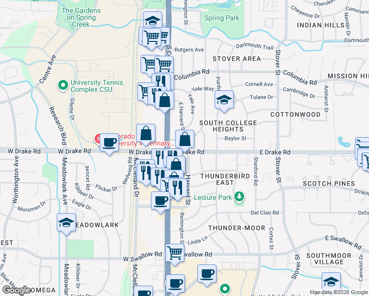 map of restaurants, bars, coffee shops, grocery stores, and more near 2600 Harvard Street in Fort Collins