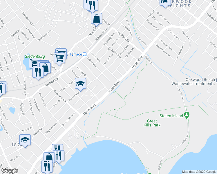map of restaurants, bars, coffee shops, grocery stores, and more near 3463 Hylan Boulevard in Staten Island