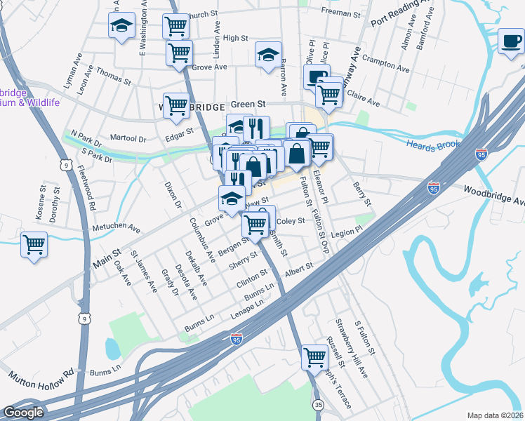 map of restaurants, bars, coffee shops, grocery stores, and more near 326 Smith Street in Woodbridge Township