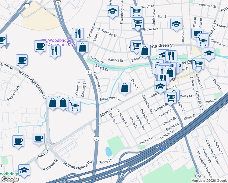 map of restaurants, bars, coffee shops, grocery stores, and more near 1 Hollywood Drive in Woodbridge Township