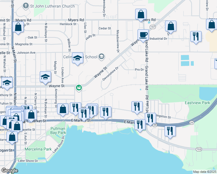 map of restaurants, bars, coffee shops, grocery stores, and more near 228 North Enterprise Street in Celina