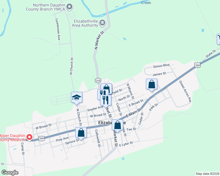 map of restaurants, bars, coffee shops, grocery stores, and more near 37 Clearfield Street in Elizabethville