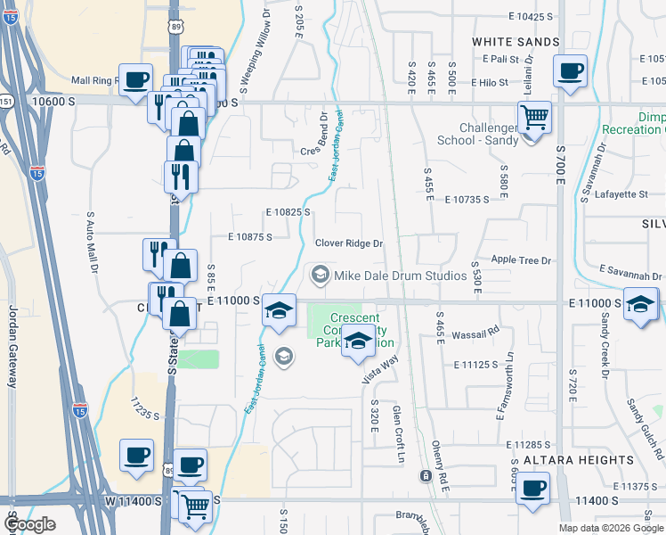 map of restaurants, bars, coffee shops, grocery stores, and more near 10945 South Hyrum Place in Sandy