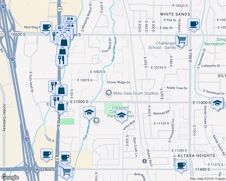 map of restaurants, bars, coffee shops, grocery stores, and more near 10945 South Hyrum Place in Sandy