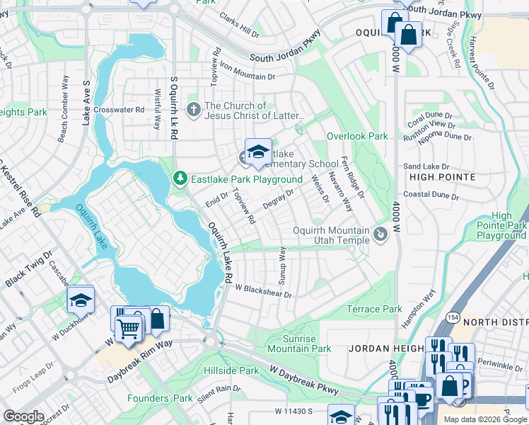 map of restaurants, bars, coffee shops, grocery stores, and more near 4339 Degray Drive in South Jordan