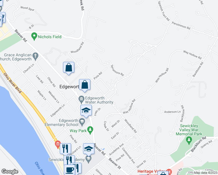 map of restaurants, bars, coffee shops, grocery stores, and more near 304 Highland Lane in Sewickley