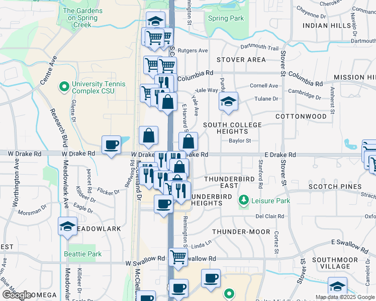 map of restaurants, bars, coffee shops, grocery stores, and more near 2600 Harvard Street in Fort Collins
