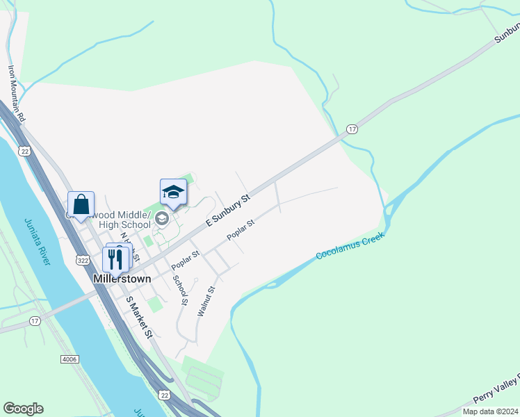 map of restaurants, bars, coffee shops, grocery stores, and more near 707 Poplar Street in Millerstown