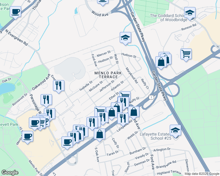 map of restaurants, bars, coffee shops, grocery stores, and more near 723 Ford Avenue in Metuchen