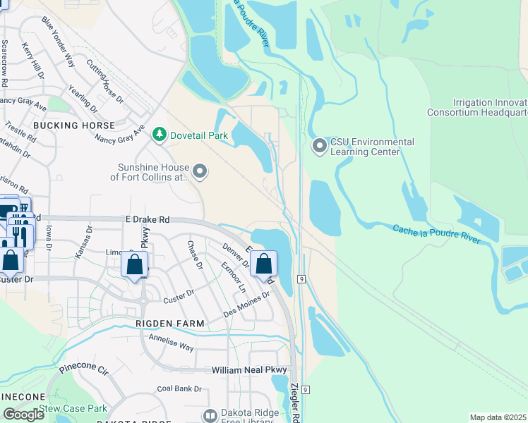 map of restaurants, bars, coffee shops, grocery stores, and more near 2982 Environmental Drive in Fort Collins