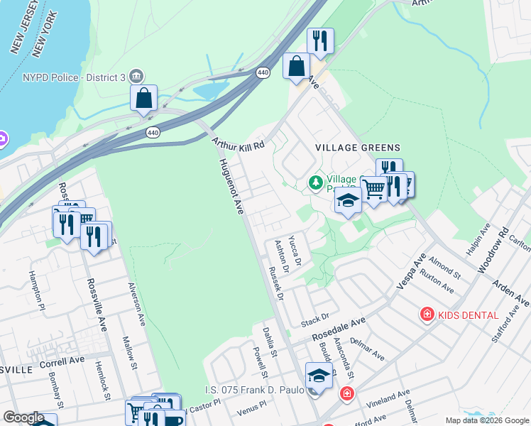 map of restaurants, bars, coffee shops, grocery stores, and more near 12 Bunnell Court in Staten Island
