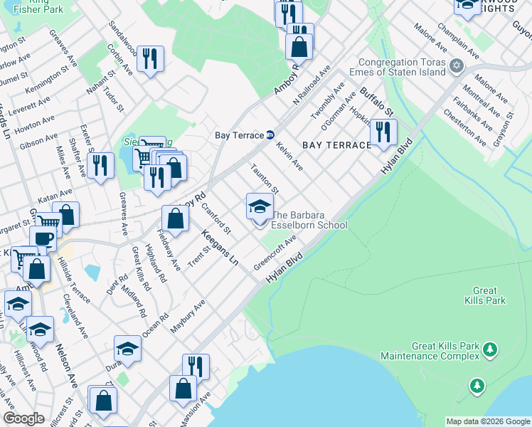 map of restaurants, bars, coffee shops, grocery stores, and more near 92 Bartow Street in Staten Island
