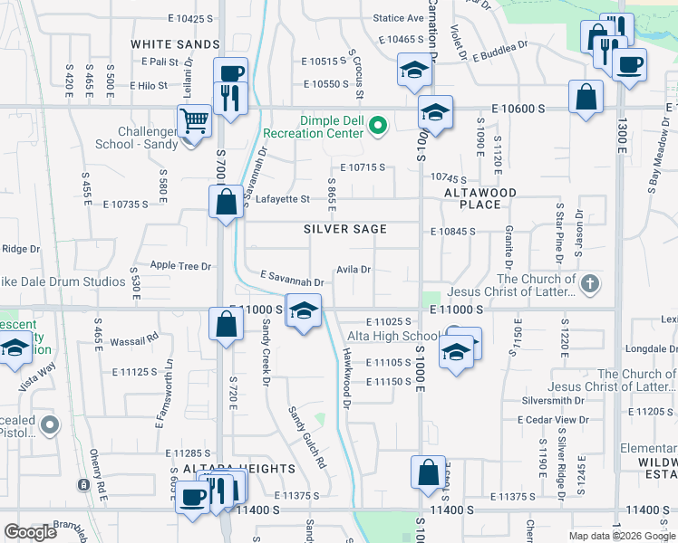 map of restaurants, bars, coffee shops, grocery stores, and more near 8295 South 870 East in Sandy