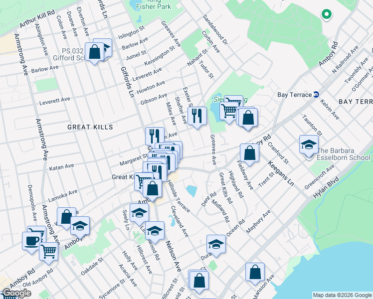 map of restaurants, bars, coffee shops, grocery stores, and more near 41 Miles Avenue in Staten Island