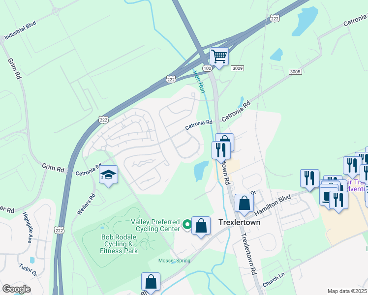 map of restaurants, bars, coffee shops, grocery stores, and more near 7860 Red Hawk Court in Breinigsville